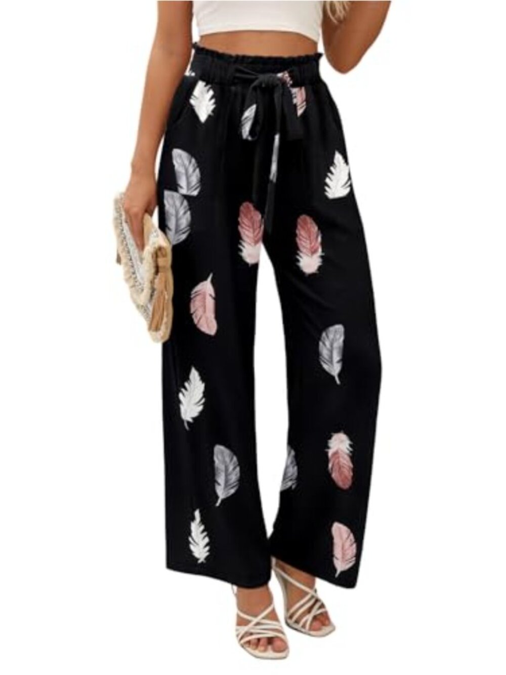 Wide Leg High Waist Pants with Pockets Tie Knot Adjustable Casual Work